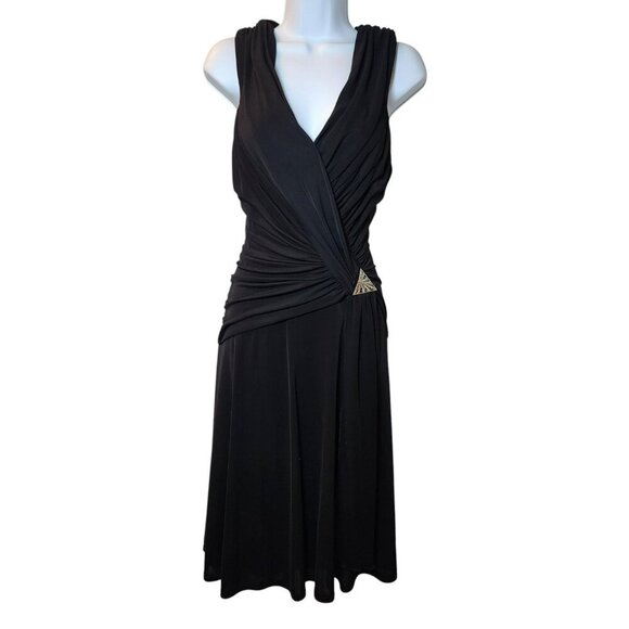 Tadashi Black Ruched Sleeveless Cocktail Dress Size Small V-Neck Midi Formal - Picture 8 of 8